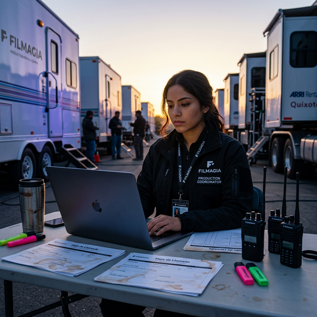 Coordinadora de producción con hojas de llamado de Filmagia