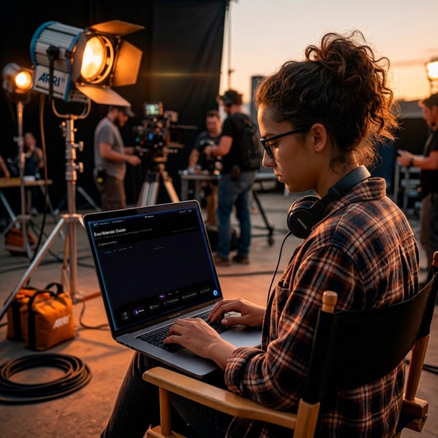 Guionista escribiendo en set de filmación con Filmagia
