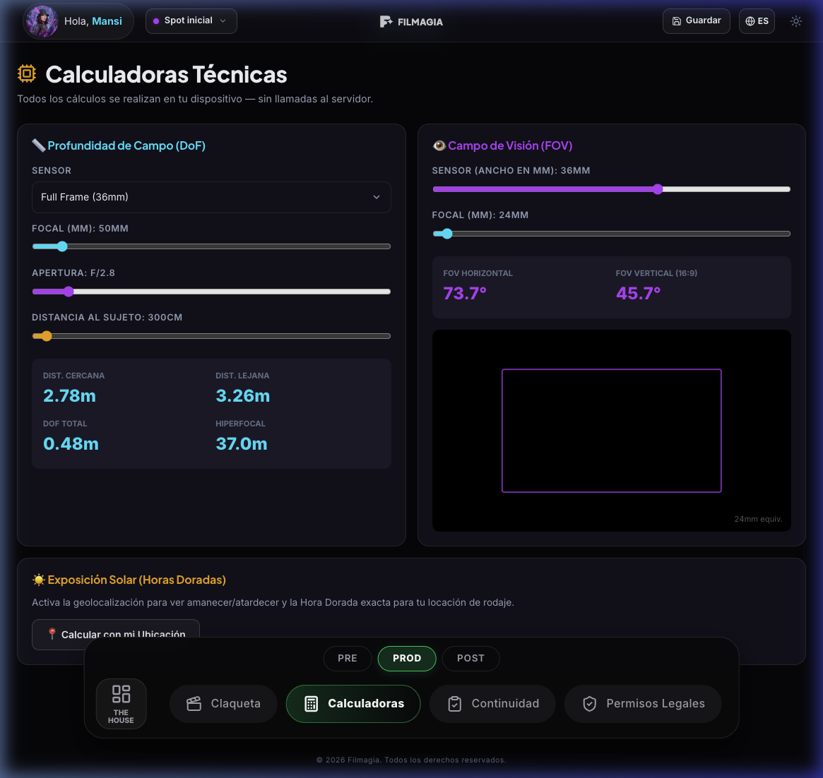 Filmagia - Calculadoras técnicas de profundidad de campo y FOV