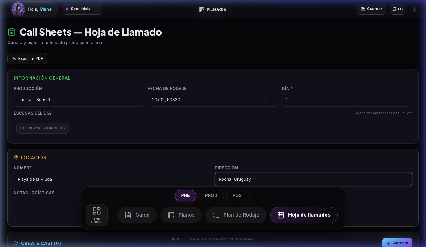 Filmagia - Hoja de llamado profesional con locación y crew