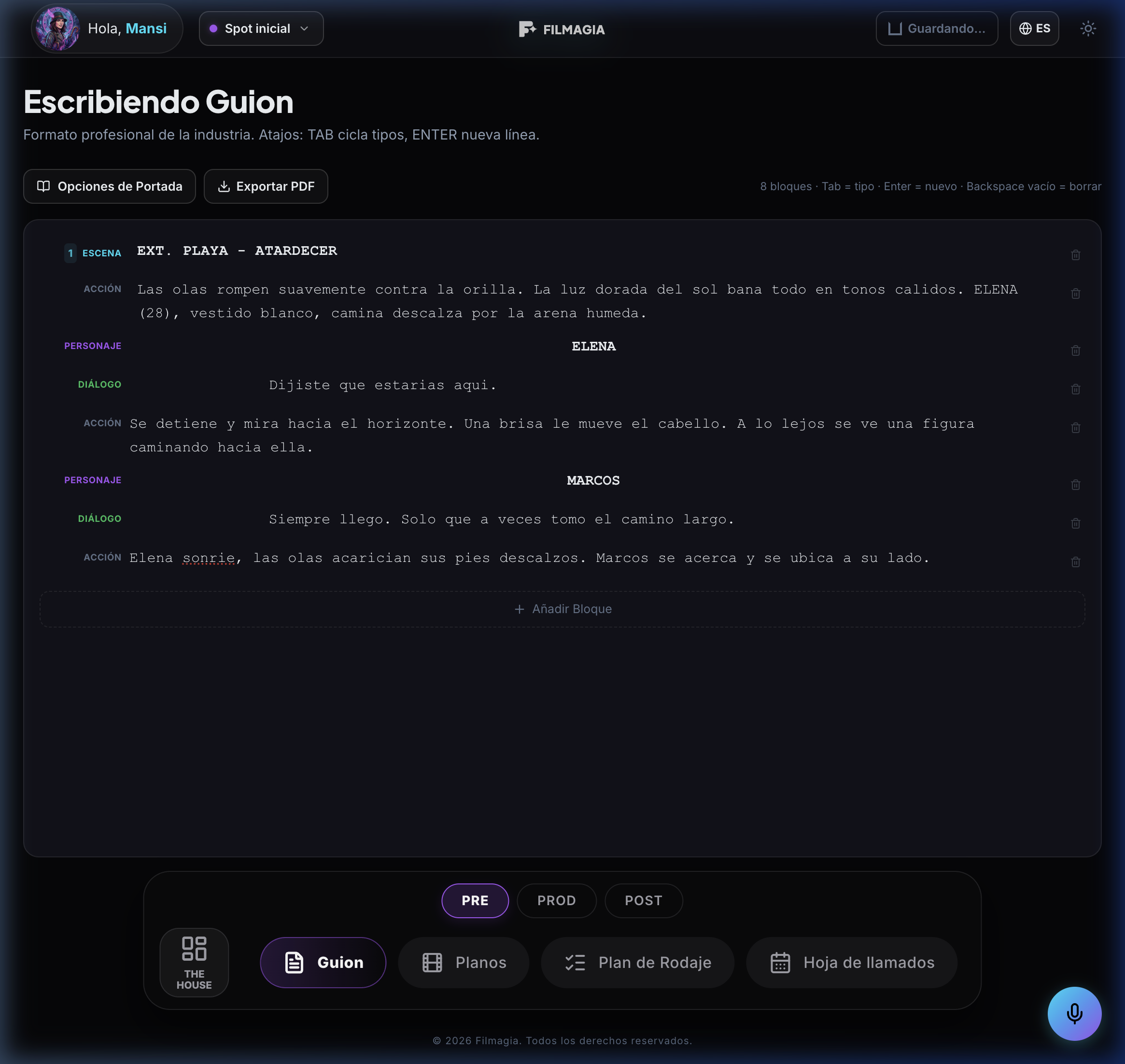 Filmagia - Editor de guion profesional con formato estándar de la industria