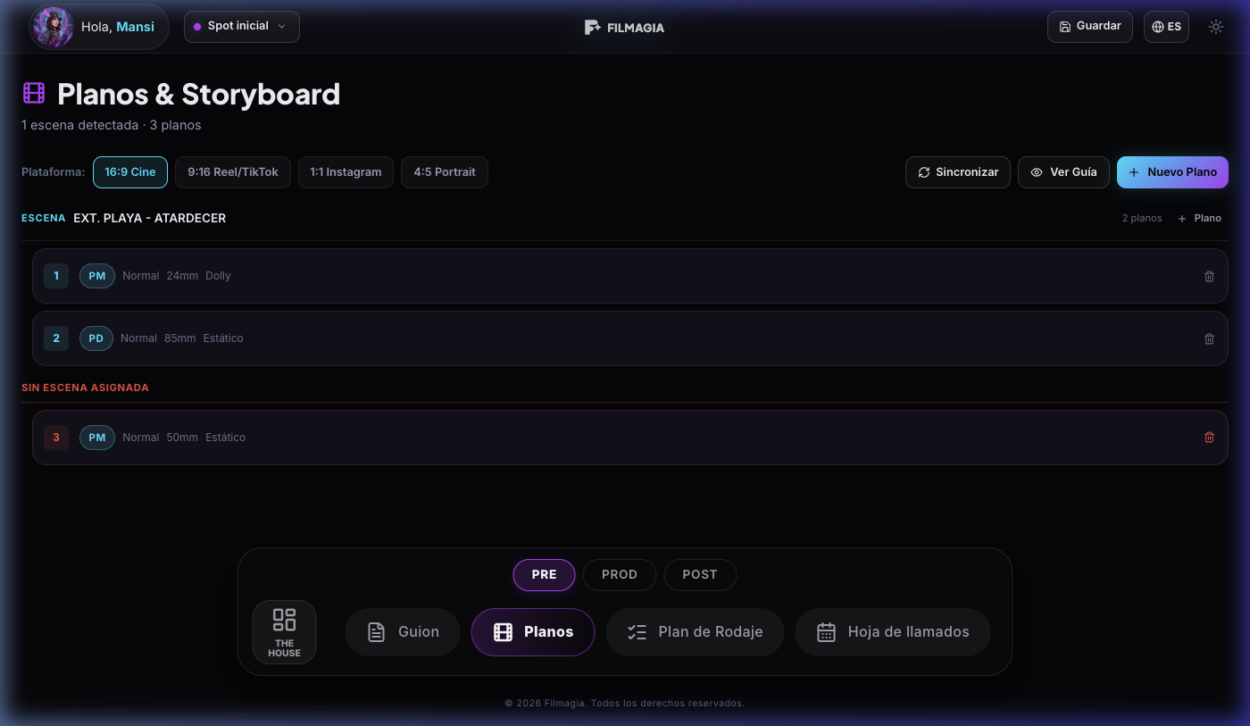 Filmagia - Planos y Storyboard con configuración técnica de cada toma