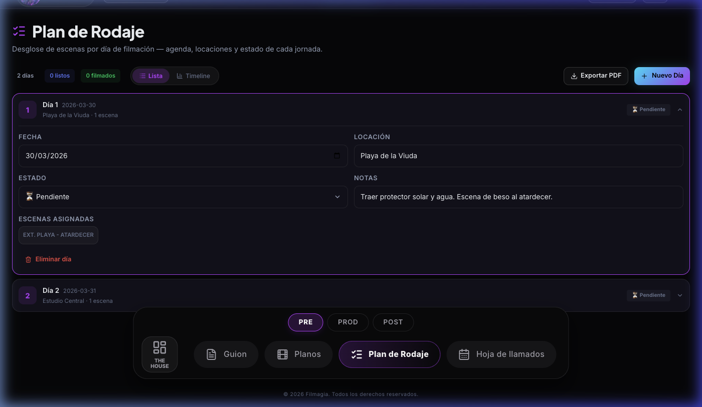Filmagia - Plan de Rodaje con escenas asignadas por día de filmación